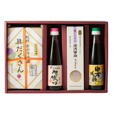 湯浅醤油 厳選 5種 食事が楽しくになる 卓上 調味料 特別 セット 【86591】 送料込 | 湯浅醤油・金山寺味噌・生米麹の丸新本家 【ご贈答・ギフト】<br>【贈答用 ギフト しょうゆ セット】<br>湯浅醤油 200ml 5本組 <br> 魯山人2本 他こだわり醤油 ３本入り #58501<br> 【ジョブチューン】【醤油職人】